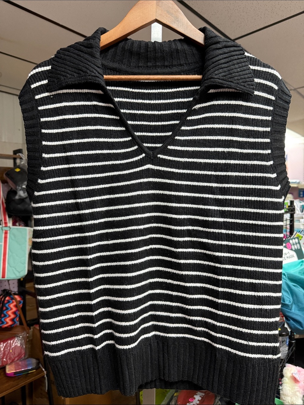 Men's Black and White Striped V-Neck Sweater Vest